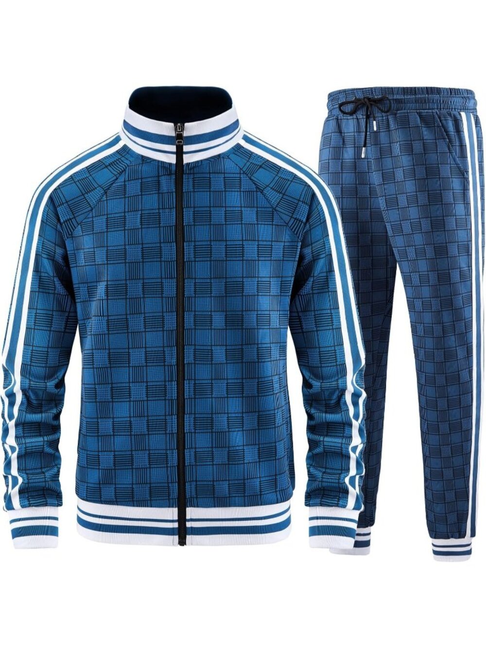 Men's 2 Piece Set Blue Slant Pocket Long Sleeve Zipper Track Jackets Pants
